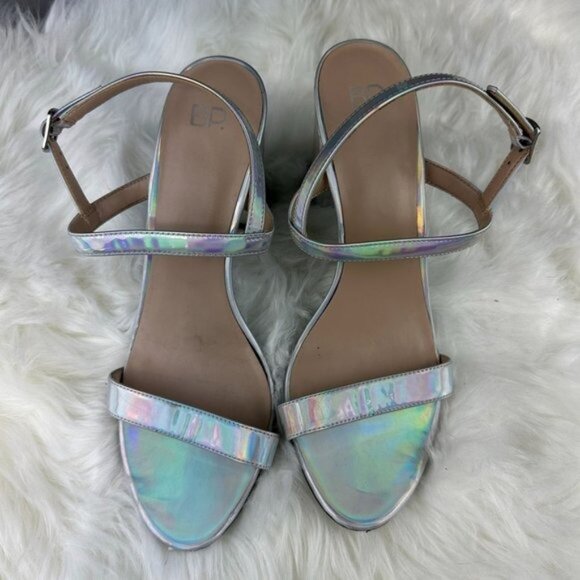 BP Lula Ankle Strap Block Heel Sandals in Silver Holographic - Picture 2 of 7